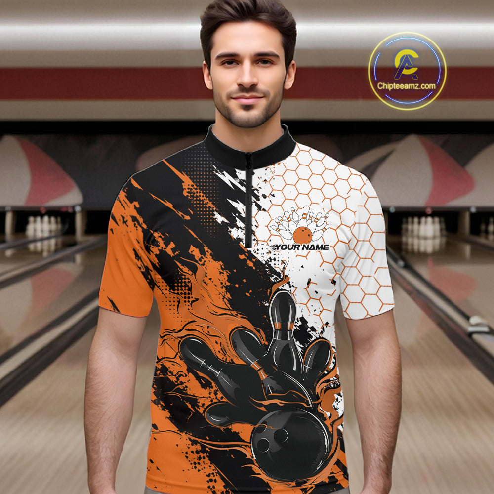 Custom Orange Flame Grunge Bowling Men Quarter Zip Shirt, Halftone Hexagon Bowling Shirt IPHW12015