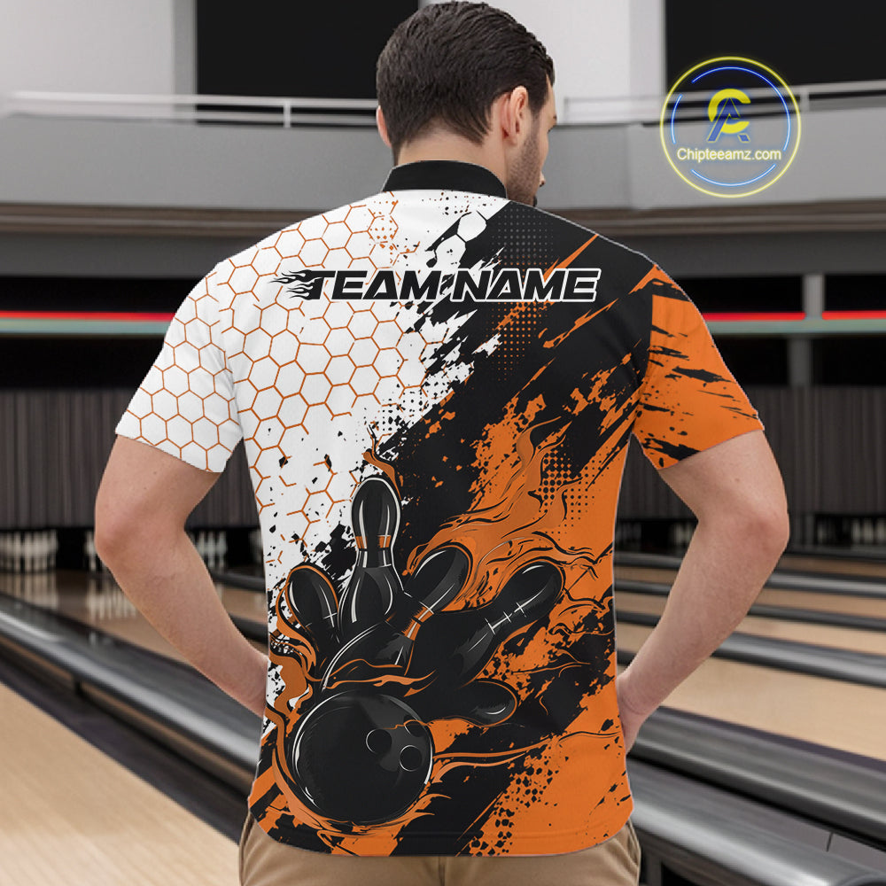 Custom Orange Flame Grunge Bowling Men Quarter Zip Shirt, Halftone Hexagon Bowling Shirt IPHW12015