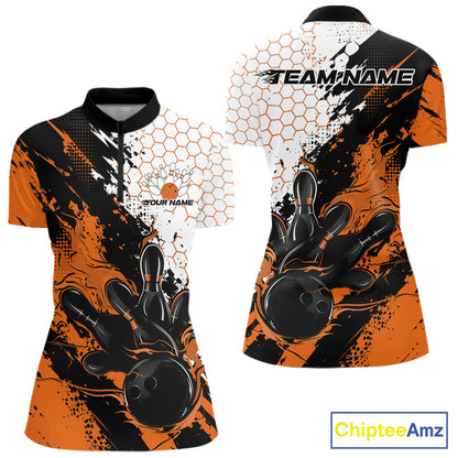 Custom Orange Flame Grunge Bowling Women Quarter-Zip Shirt, Hexagon Bowling Shirt IPHW12015
