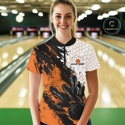 Custom Orange Flame Grunge Bowling Women Quarter-Zip Shirt, Hexagon Bowling Shirt IPHW12015