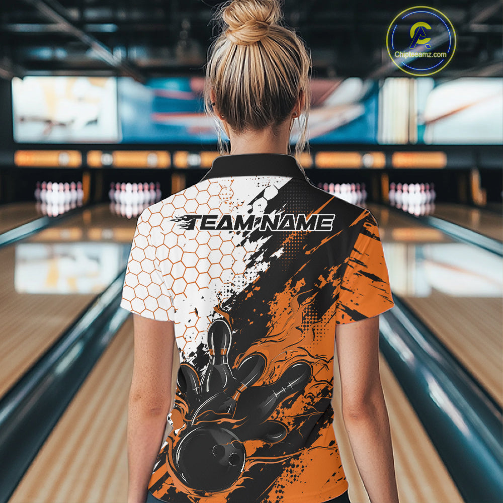 Custom Orange Flame Grunge Bowling Women Quarter-Zip Shirt, Hexagon Bowling Shirt IPHW12015