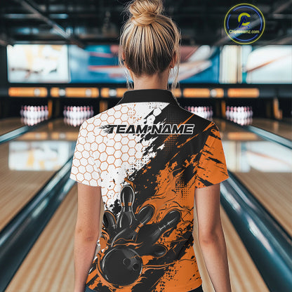 Custom Orange Flame Grunge Bowling Women Quarter-Zip Shirt, Hexagon Bowling Shirt IPHW12015