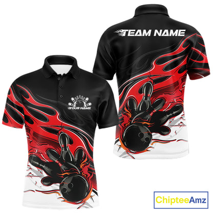 Custom Black And Red Flame Bowling Men Jersey, Bowling Team Men Polo Shirt IPHW12025