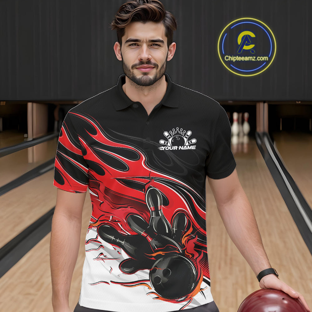 Custom Black And Red Flame Bowling Men Jersey, Bowling Team Men Polo Shirt IPHW12025