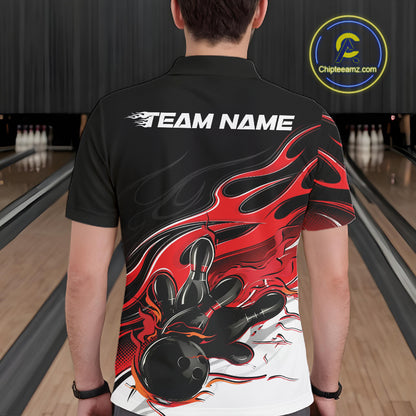 Custom Black And Red Flame Bowling Men Jersey, Bowling Team Men Polo Shirt IPHW12025