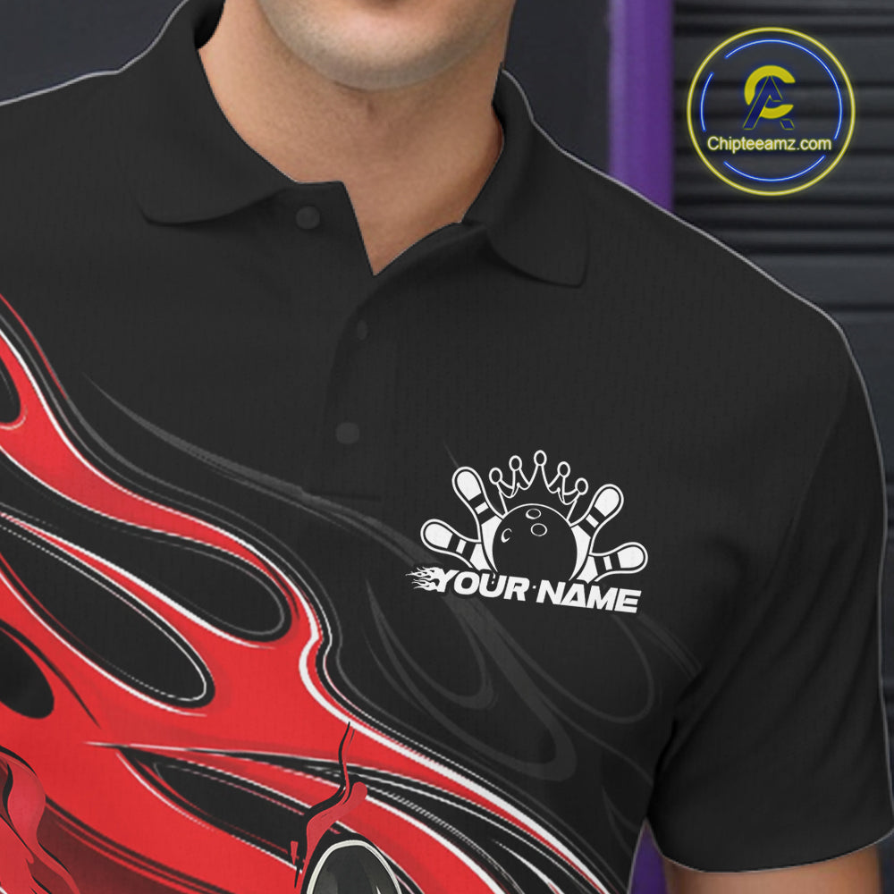 Custom Black And Red Flame Bowling Men Jersey, Bowling Team Men Polo Shirt IPHW12025