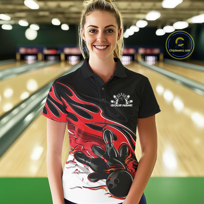 Custom Black And Red Flame Bowling Women Jersey, Bowling Team Women Polo Shirt IPHW12025