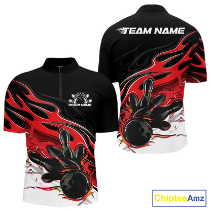 Custom Black And Red Flame Bowling Men Jersey, Bowling Team Men Quarter Zip Shirt IPHW12025