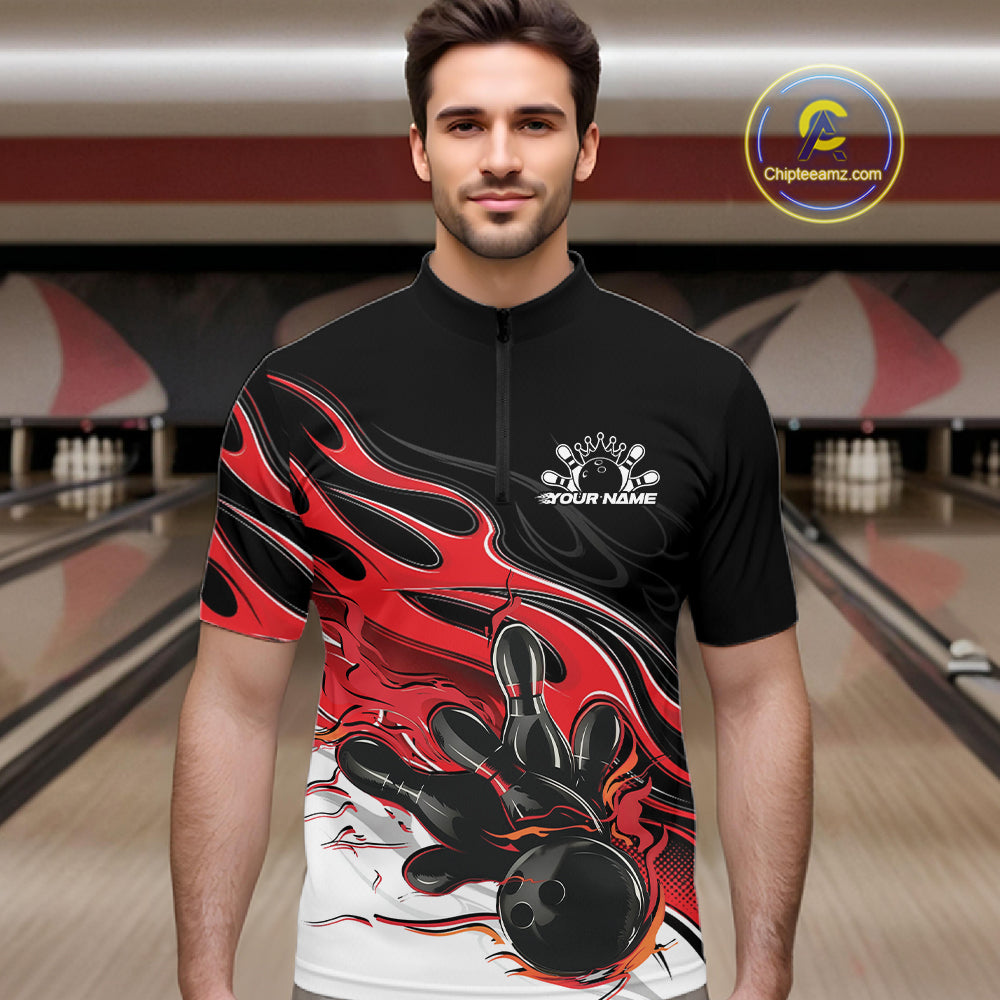 Custom Black And Red Flame Bowling Men Jersey, Bowling Team Men Quarter Zip Shirt IPHW12025