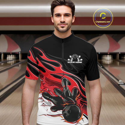 Custom Black And Red Flame Bowling Men Jersey, Bowling Team Men Quarter Zip Shirt IPHW12025