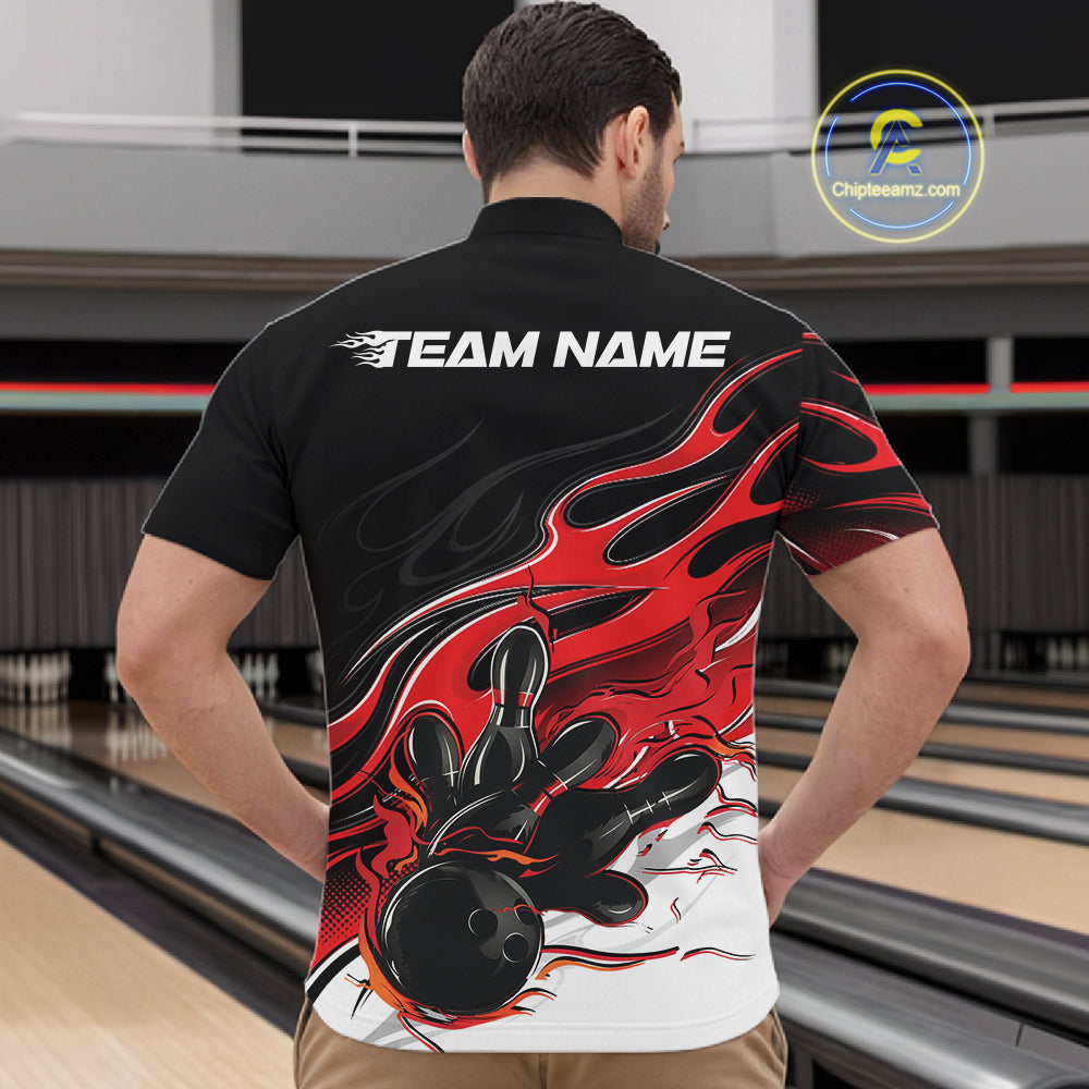 Custom Black And Red Flame Bowling Men Jersey, Bowling Team Men Quarter Zip Shirt IPHW12025