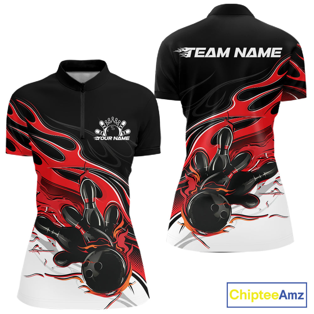Custom Black And Red Flame Bowling Women Jersey, Bowling Team Women Quarter-Zip Shirt IPHW12025