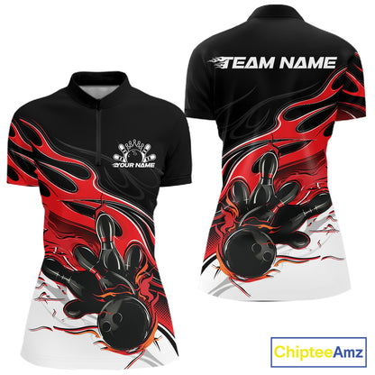 Custom Black And Red Flame Bowling Women Jersey, Bowling Team Women Quarter-Zip Shirt IPHW12025