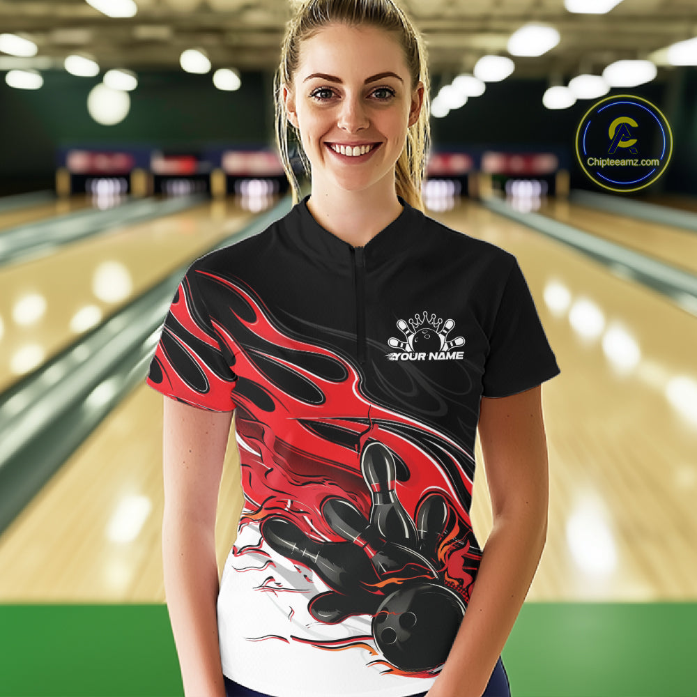 Custom Black And Red Flame Bowling Women Jersey, Bowling Team Women Quarter-Zip Shirt IPHW12025