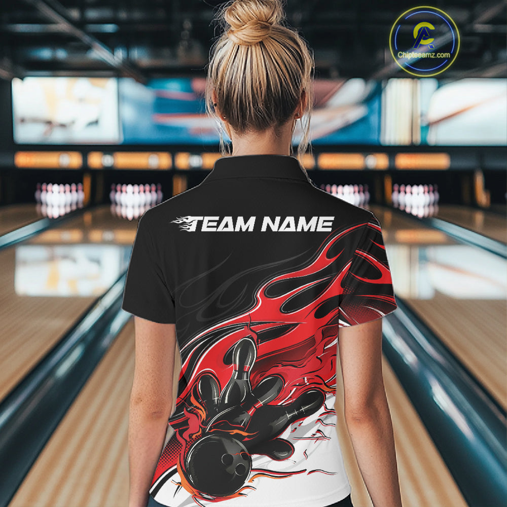 Custom Black And Red Flame Bowling Women Jersey, Bowling Team Women Quarter-Zip Shirt IPHW12025