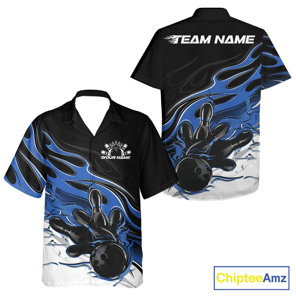 Custom Black And Blue Flame Bowling Men And Women Jersey, Bowling Team Men And Women Button Up Shirt IPHW12026