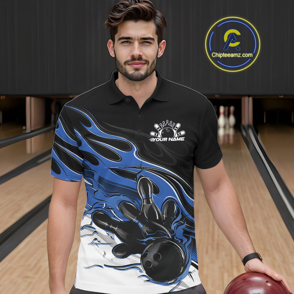 Custom Black And Blue Flame Bowling Men Jersey, Bowling Team Men Polo Shirt IPHW12026