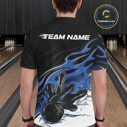 Custom Black And Blue Flame Bowling Men Jersey, Bowling Team Men Polo Shirt IPHW12026
