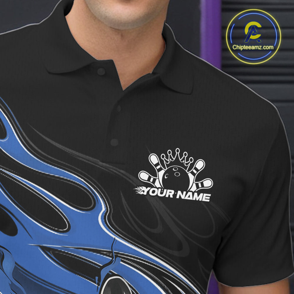 Custom Black And Blue Flame Bowling Men Jersey, Bowling Team Men Polo Shirt IPHW12026