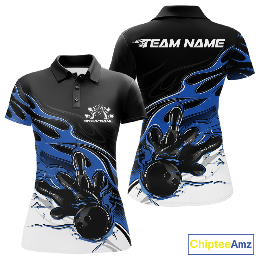 Custom Black And Blue Flame Bowling Women Jersey, Bowling Team Women Polo Shirt IPHW12026