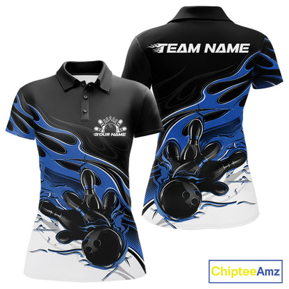 Custom Black And Blue Flame Bowling Women Jersey, Bowling Team Women Polo Shirt IPHW12026