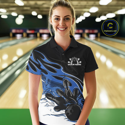Custom Black And Blue Flame Bowling Women Jersey, Bowling Team Women Polo Shirt IPHW12026
