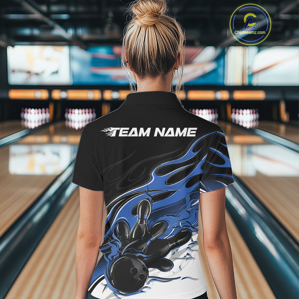 Custom Black And Blue Flame Bowling Women Jersey, Bowling Team Women Polo Shirt IPHW12026