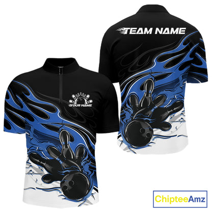 Custom Black And Blue Flame Bowling Men Jersey, Bowling Team Men Quarter Zip Shirt IPHW12026