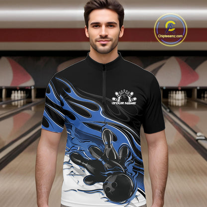Custom Black And Blue Flame Bowling Men Jersey, Bowling Team Men Quarter Zip Shirt IPHW12026