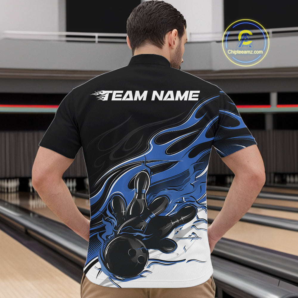 Custom Black And Blue Flame Bowling Men Jersey, Bowling Team Men Quarter Zip Shirt IPHW12026
