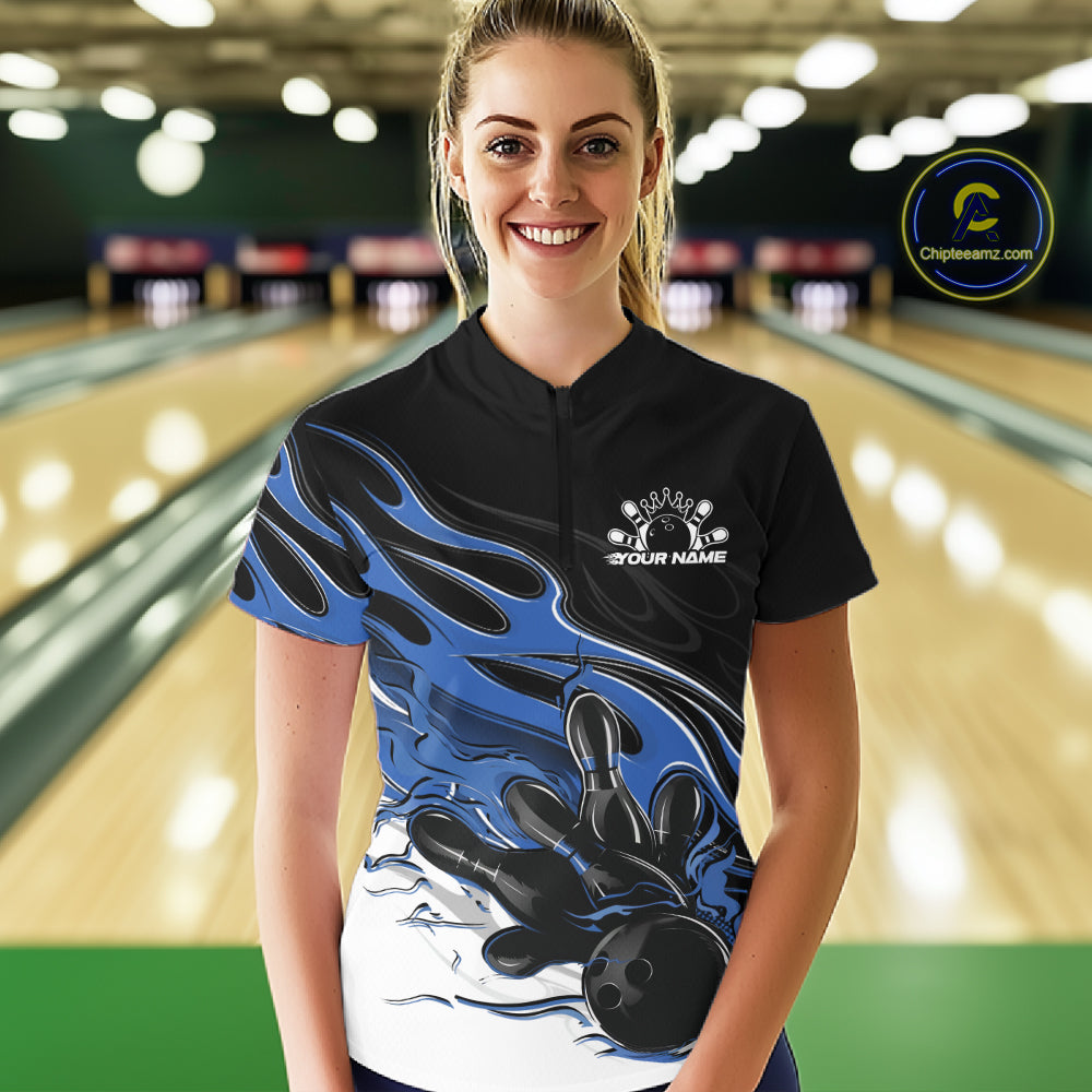 Custom Black And Blue Flame Bowling Women Jersey, Bowling Team Women Quarter-Zip Shirt IPHW12026