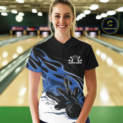 Custom Black And Blue Flame Bowling Women Jersey, Bowling Team Women Quarter-Zip Shirt IPHW12026