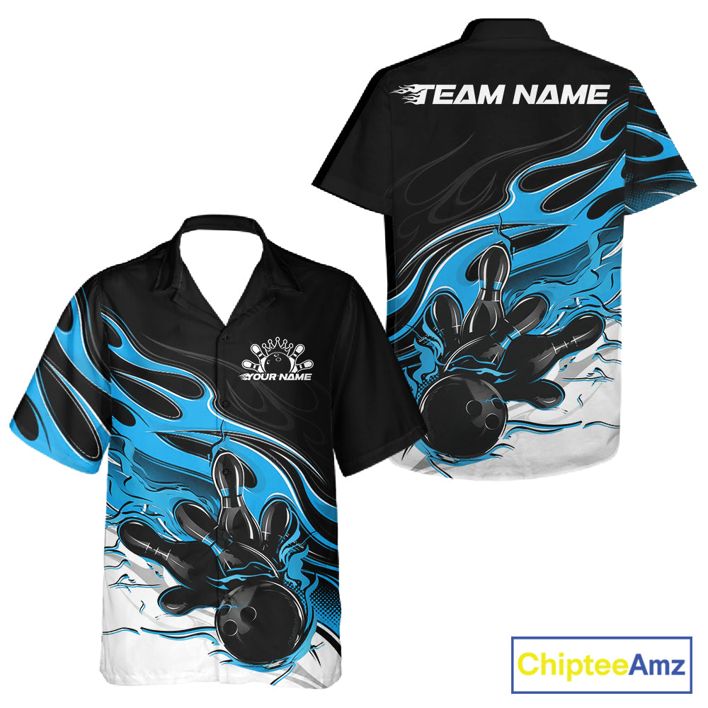 Custom Black And Ball Blue Flame Bowling Men And Women Jersey, Bowling Team Men And Women Button Up Shirt IPHW12027