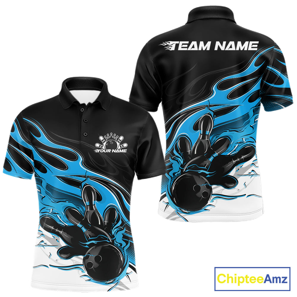 Custom Black And Ball Blue Flame Bowling Men Jersey, Bowling Team Men Polo Shirt IPHW12027