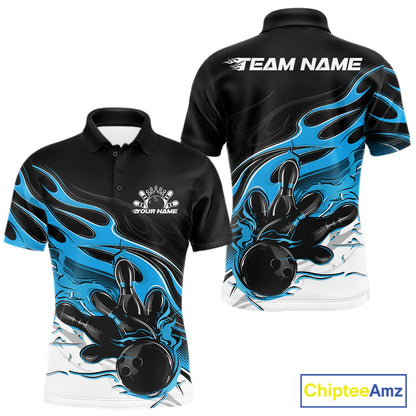 Custom Black And Ball Blue Flame Bowling Men Jersey, Bowling Team Men Polo Shirt IPHW12027