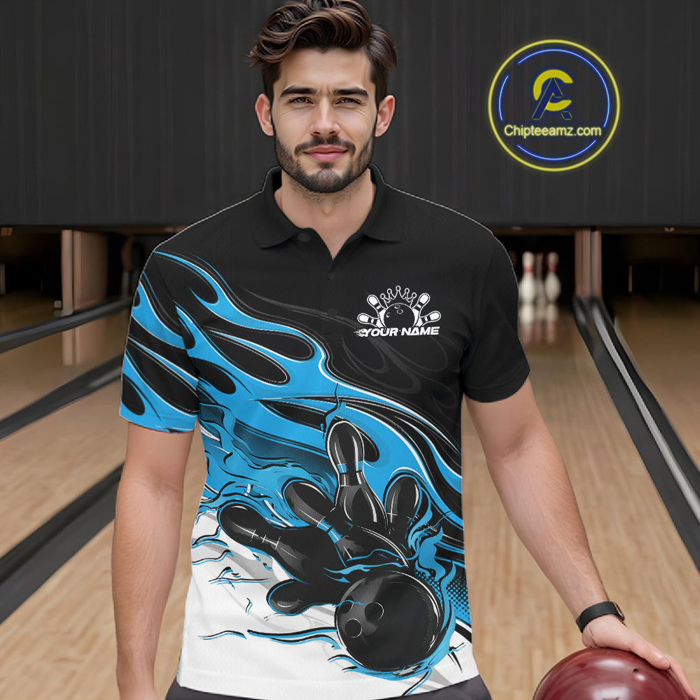 Custom Black And Ball Blue Flame Bowling Men Jersey, Bowling Team Men Polo Shirt IPHW12027
