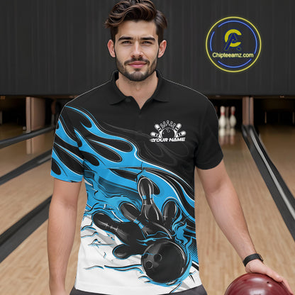 Custom Black And Ball Blue Flame Bowling Men Jersey, Bowling Team Men Polo Shirt IPHW12027