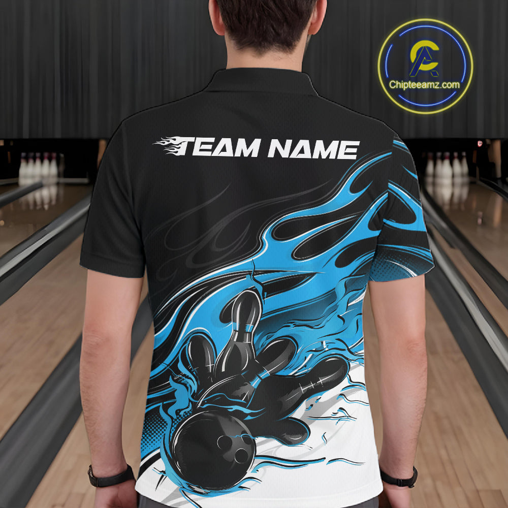 Custom Black And Ball Blue Flame Bowling Men Jersey, Bowling Team Men Polo Shirt IPHW12027