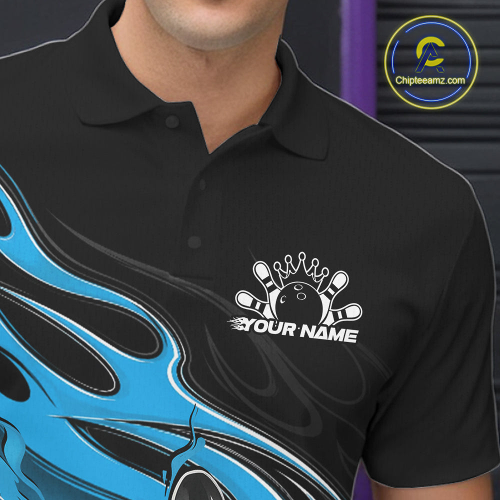 Custom Black And Ball Blue Flame Bowling Men Jersey, Bowling Team Men Polo Shirt IPHW12027