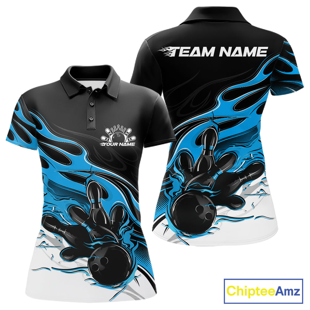 Custom Black And Ball Blue Flame Bowling Women Jersey, Bowling Team Women Polo Shirt IPHW12027