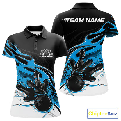 Custom Black And Ball Blue Flame Bowling Women Jersey, Bowling Team Women Polo Shirt IPHW12027