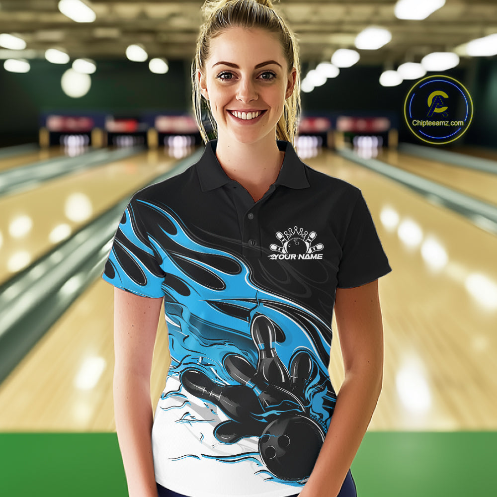 Custom Black And Ball Blue Flame Bowling Women Jersey, Bowling Team Women Polo Shirt IPHW12027