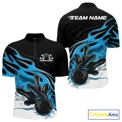 Custom Black And Ball Blue Flame Bowling Men Jersey, Bowling Team Men Quarter Zip Shirt IPHW12027