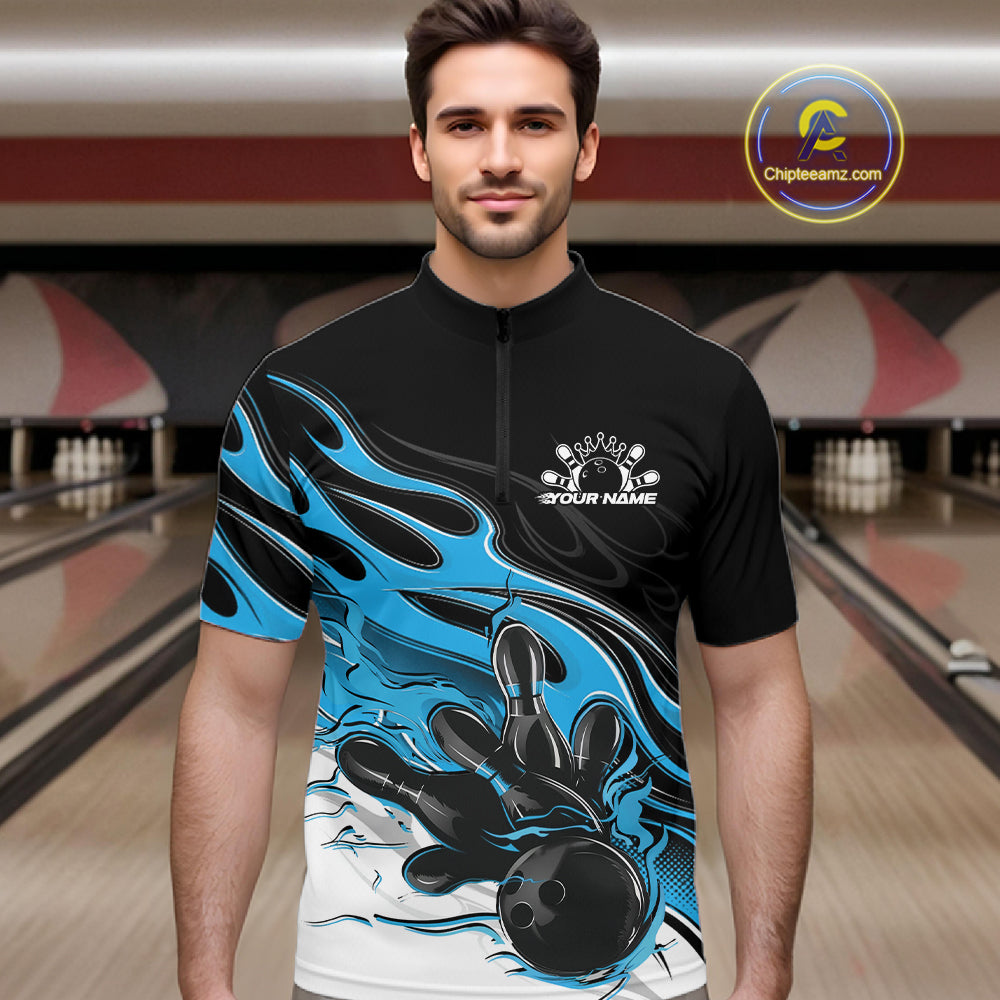 Custom Black And Ball Blue Flame Bowling Men Jersey, Bowling Team Men Quarter Zip Shirt IPHW12027