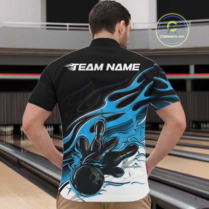 Custom Black And Ball Blue Flame Bowling Men Jersey, Bowling Team Men Quarter Zip Shirt IPHW12027