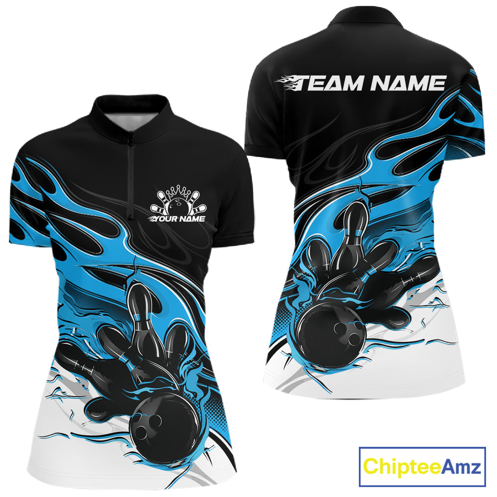 Custom Ball Blue Flame Bowling Women Jersey, Bowling Team Women Quarter-Zip Shirt IPHW12027
