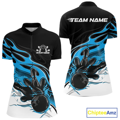 Custom Ball Blue Flame Bowling Women Jersey, Bowling Team Women Quarter-Zip Shirt IPHW12027