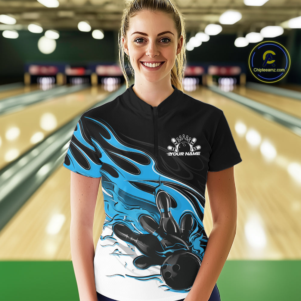 Custom Ball Blue Flame Bowling Women Jersey, Bowling Team Women Quarter-Zip Shirt IPHW12027