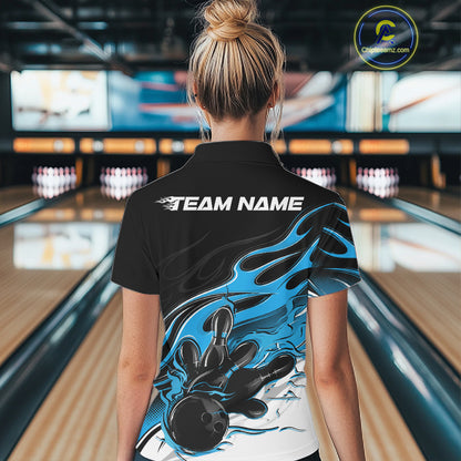 Custom Ball Blue Flame Bowling Women Jersey, Bowling Team Women Quarter-Zip Shirt IPHW12027