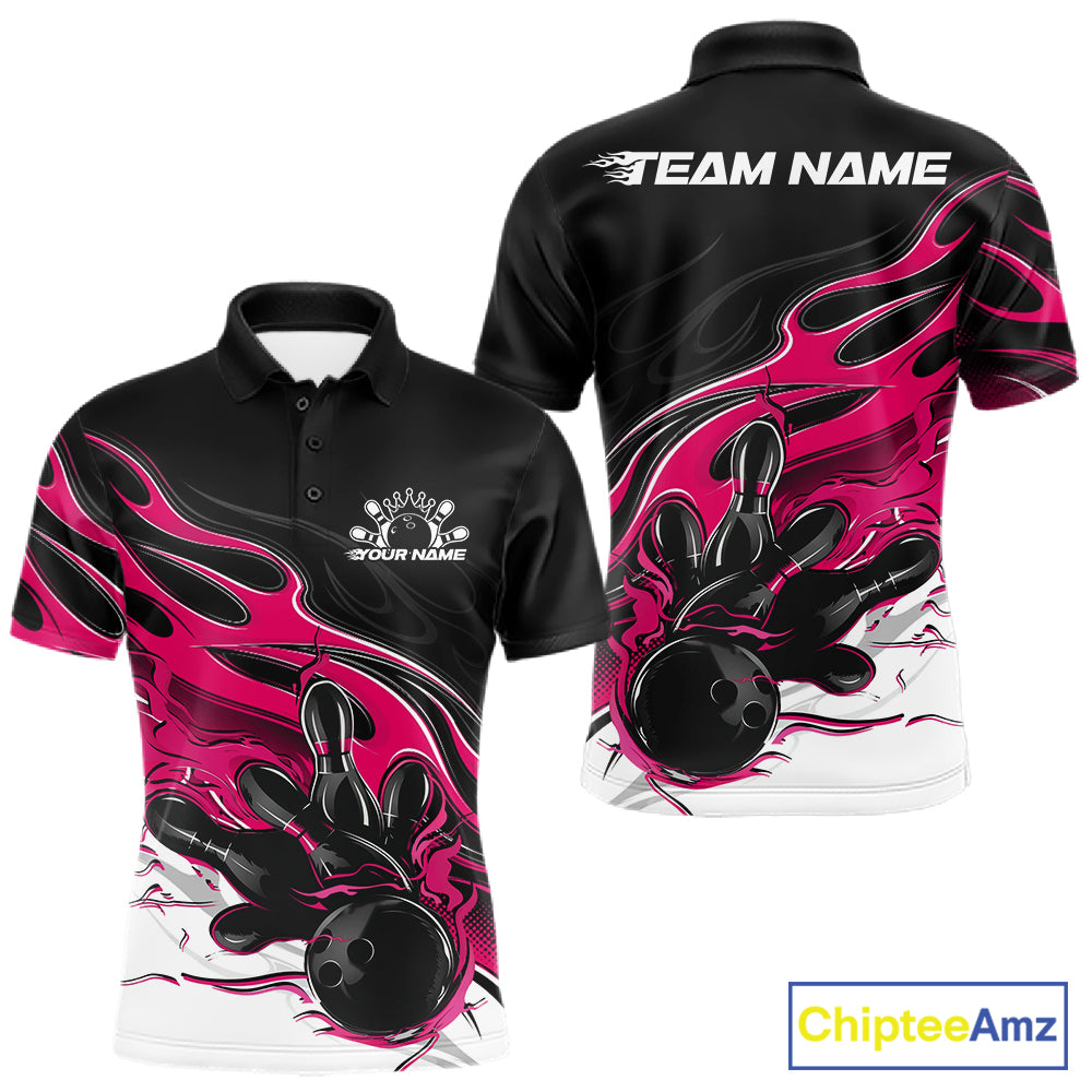 Custom Black And Pink Flame Bowling Men Jersey, Bowling Team Men Polo Shirt IPHW12028